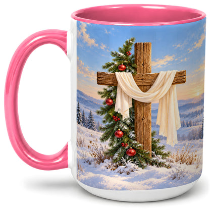 #pl[15oz|Pink] Winter Cross Accent Ceramic Mug, White Drape and Evergreen