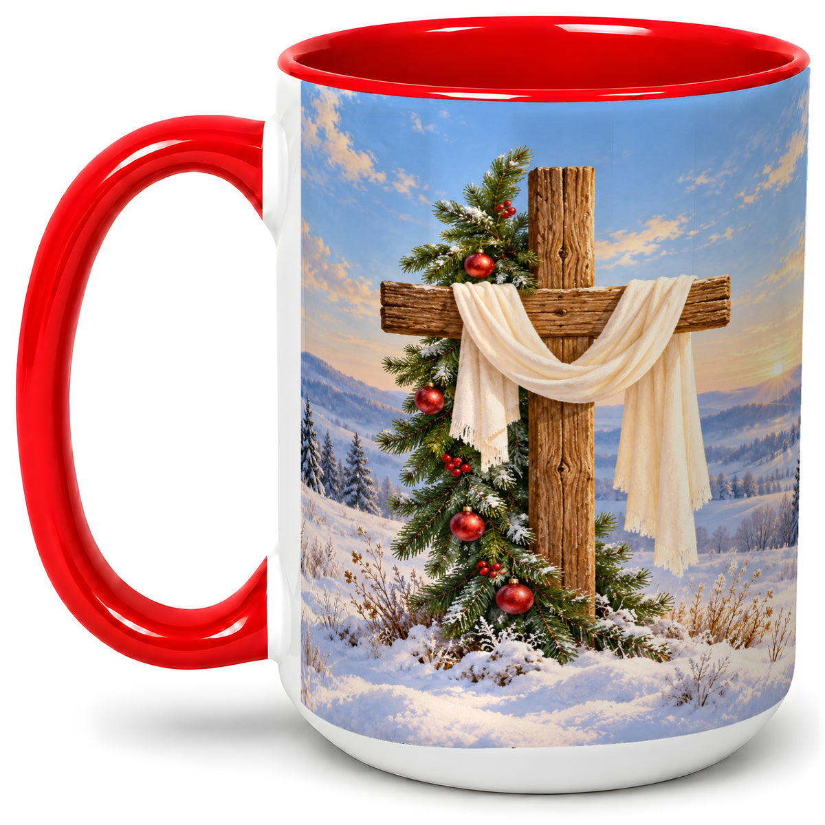 #pl[15oz|Red] Winter Cross Accent Ceramic Mug, White Drape and Evergreen