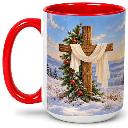 #pl[15oz|Red] Winter Cross Accent Ceramic Mug, White Drape and Evergreen