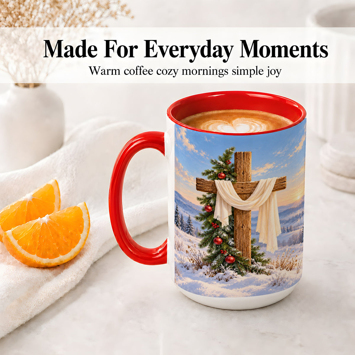 #pl[15oz|Red] Winter Cross Accent Ceramic Mug, White Drape and Evergreen