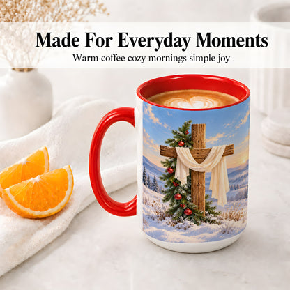 #pl[15oz|Red] Winter Cross Accent Ceramic Mug, White Drape and Evergreen