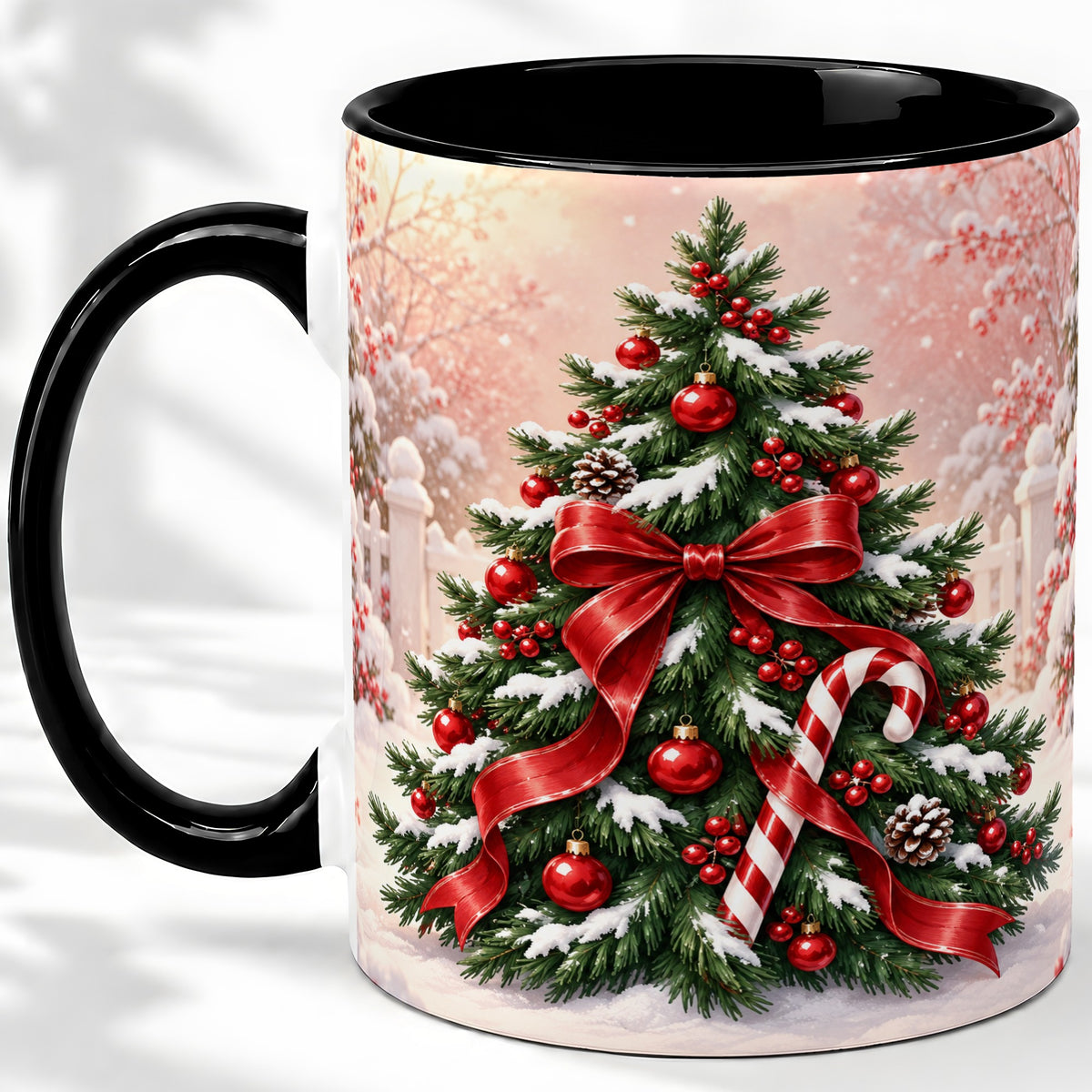 #pl[11oz|Black] Christmas Tree Accent Ceramic Mug, Red Bow and Candy Cane