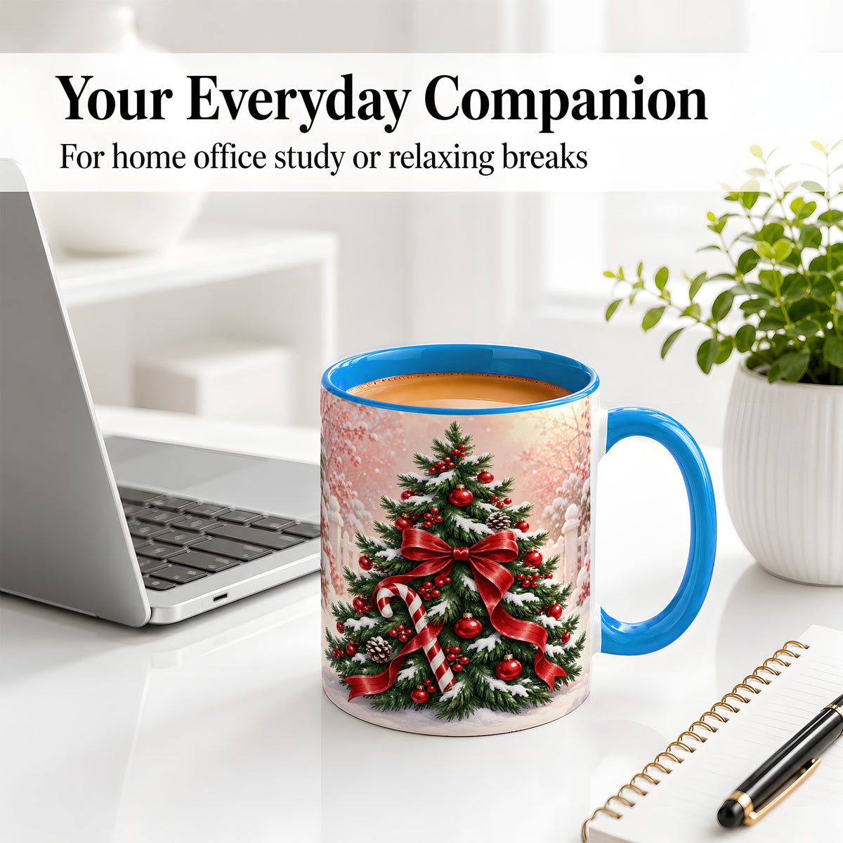 #pl[11oz|Blue] Christmas Tree Accent Ceramic Mug, Red Bow and Candy Cane
