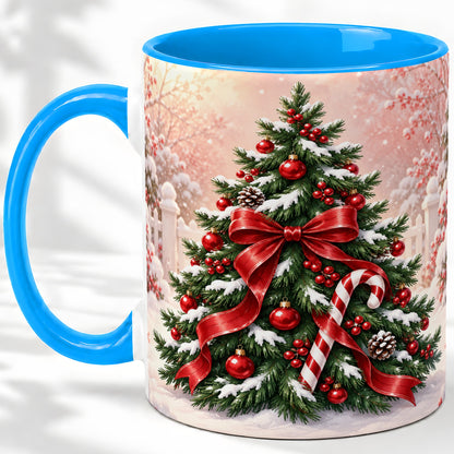 #pl[11oz|Blue] Christmas Tree Accent Ceramic Mug, Red Bow and Candy Cane