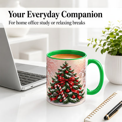 #pl[11oz|Green] Christmas Tree Accent Ceramic Mug, Red Bow and Candy Cane