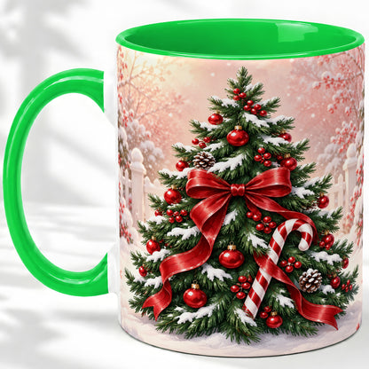 #pl[11oz|Green] Christmas Tree Accent Ceramic Mug, Red Bow and Candy Cane
