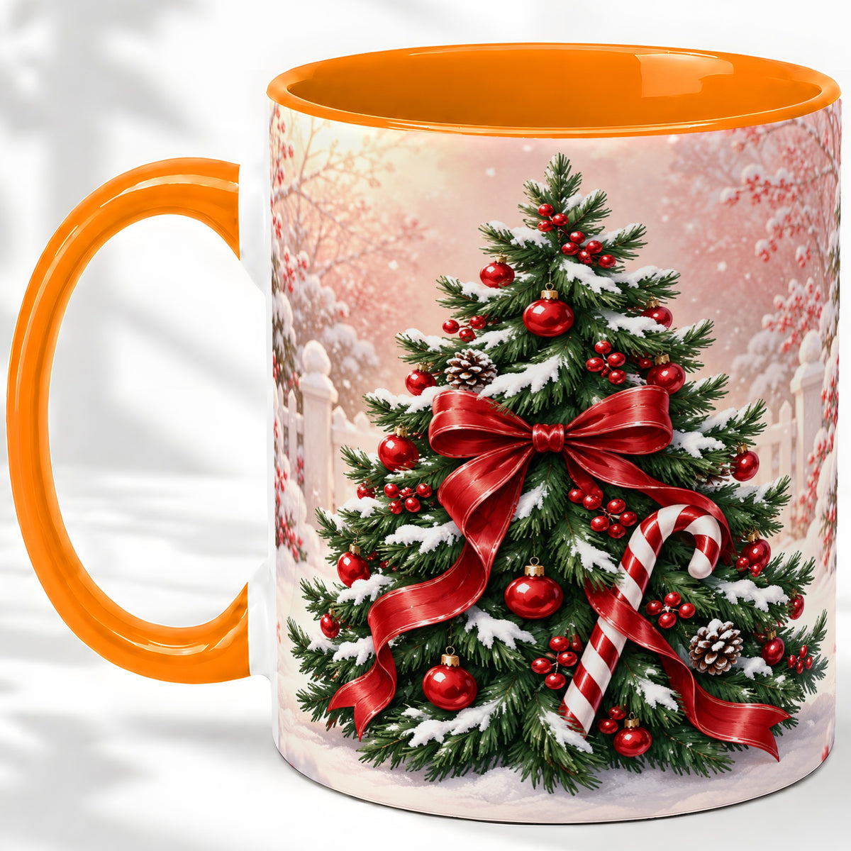 #pl[11oz|Orange] Christmas Tree Accent Ceramic Mug, Red Bow and Candy Cane