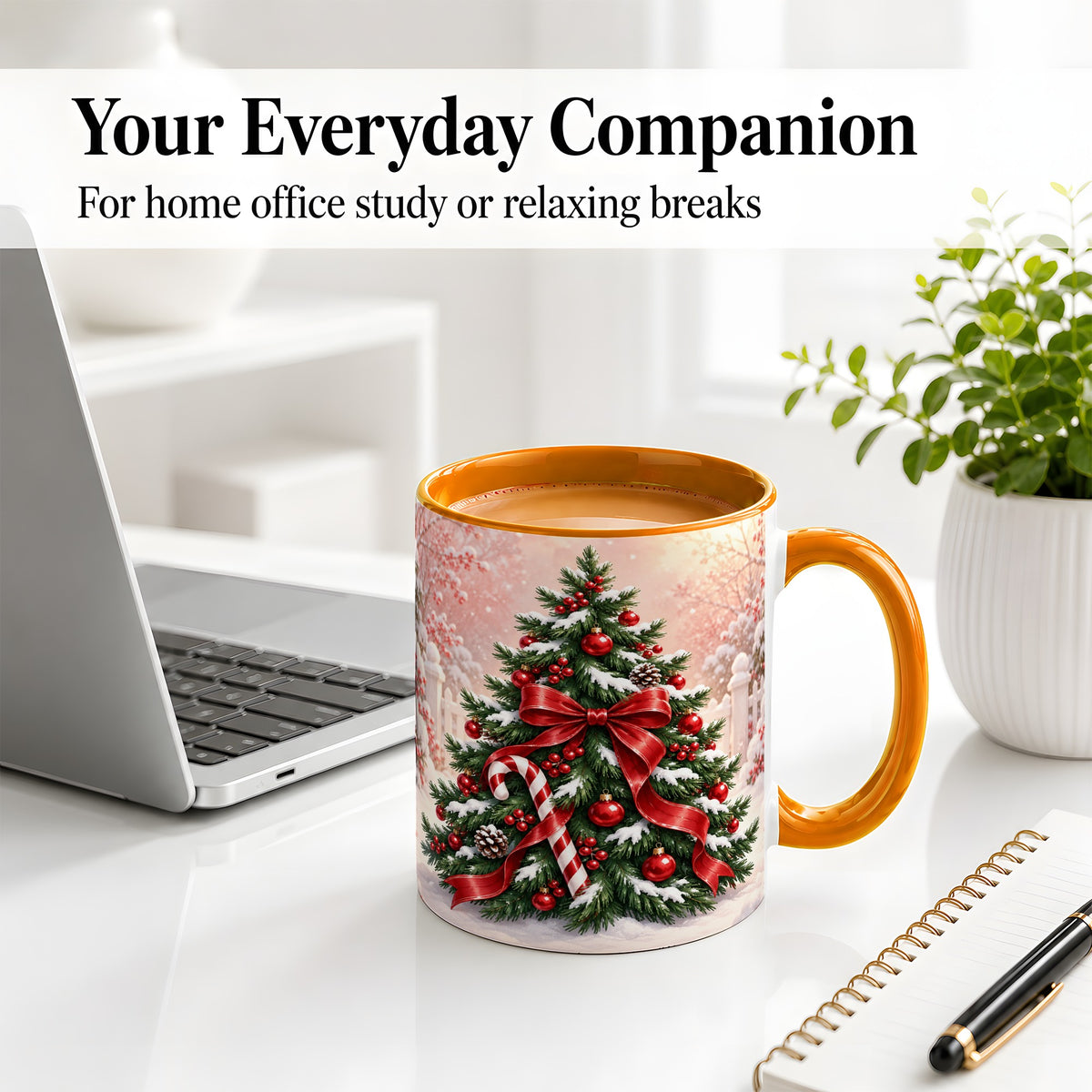 #pl[11oz|Orange] Christmas Tree Accent Ceramic Mug, Red Bow and Candy Cane