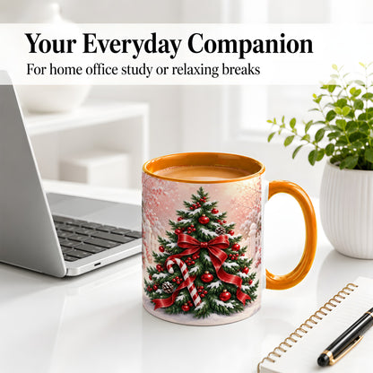 #pl[11oz|Orange] Christmas Tree Accent Ceramic Mug, Red Bow and Candy Cane