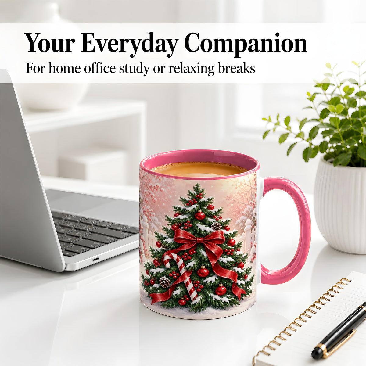 #pl[11oz|Pink] Christmas Tree Accent Ceramic Mug, Red Bow and Candy Cane