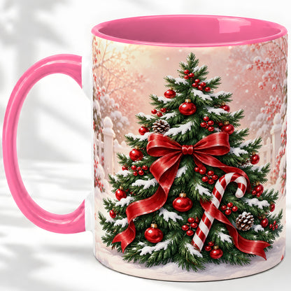 #pl[11oz|Pink] Christmas Tree Accent Ceramic Mug, Red Bow and Candy Cane