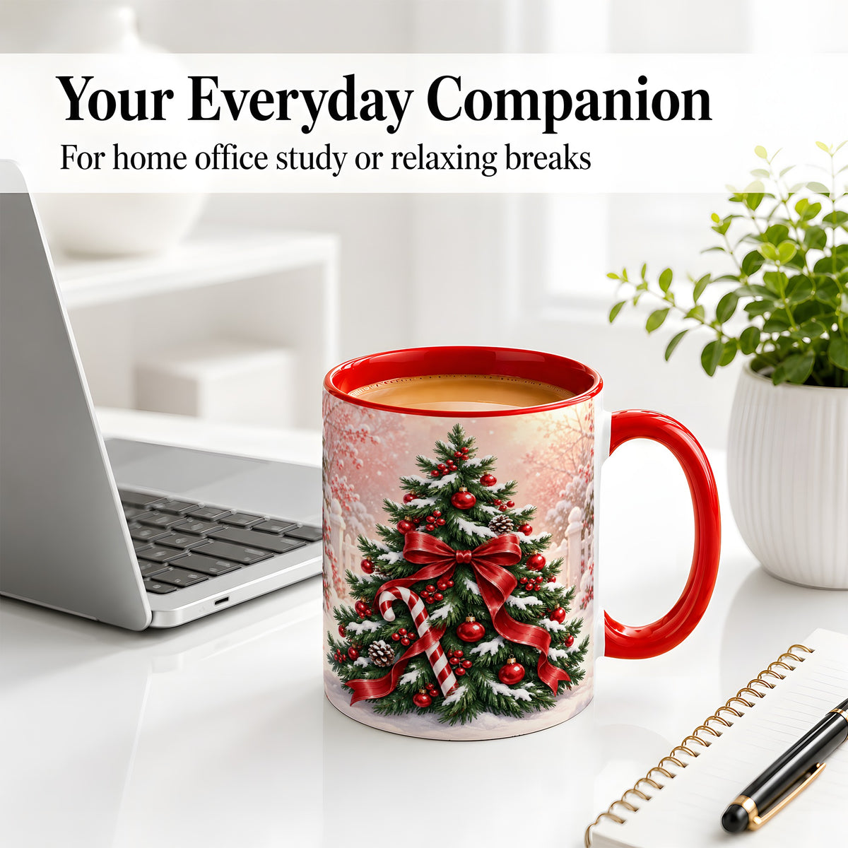 #pl[11oz|Red] Christmas Tree Accent Ceramic Mug, Red Bow and Candy Cane