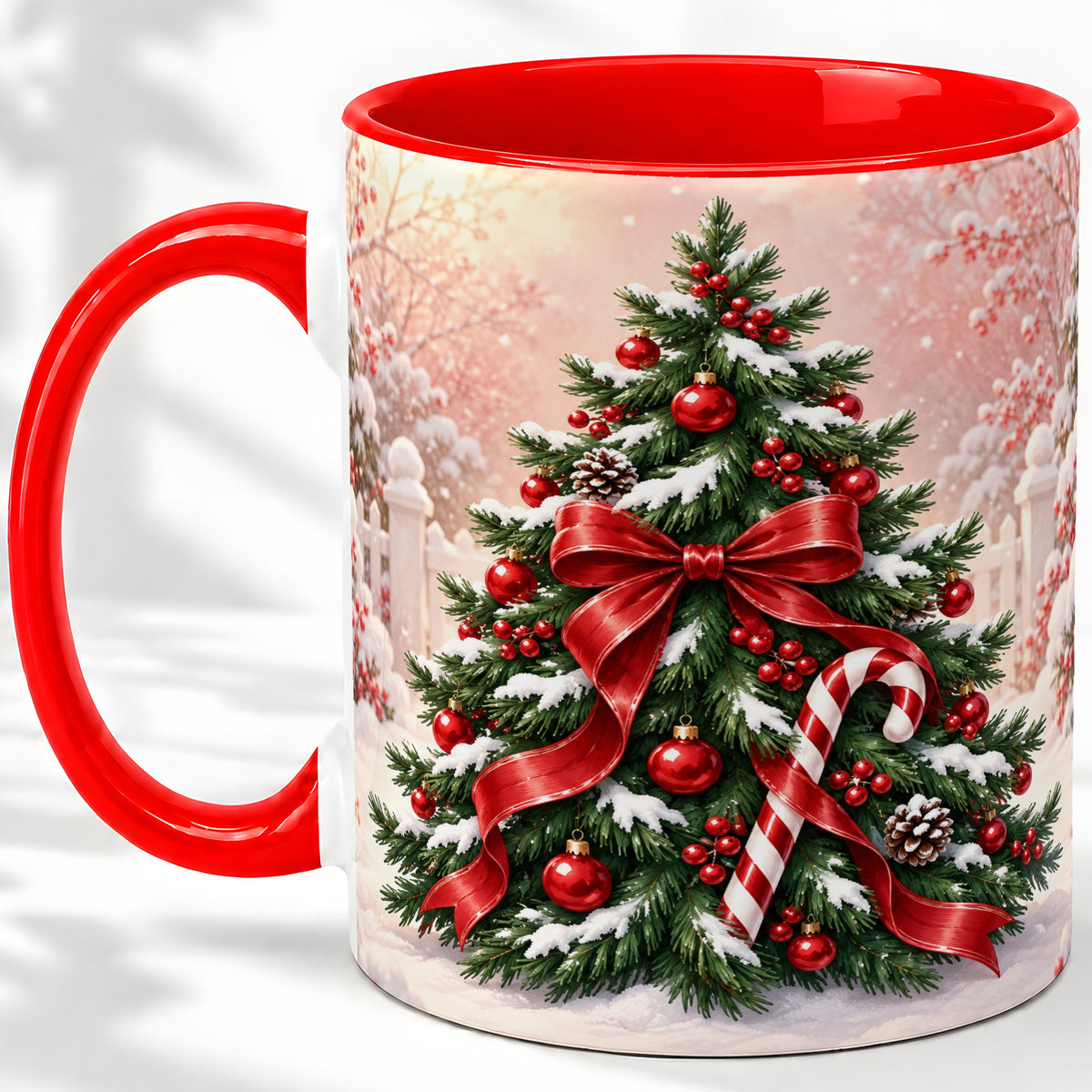 Christmas Tree Accent Ceramic Mug, Red Bow and Candy Cane