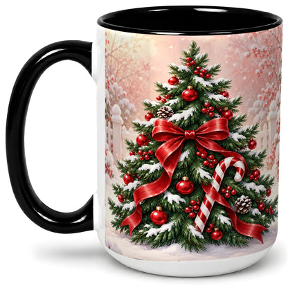 #pl[15oz|Black] Christmas Tree Accent Ceramic Mug, Red Bow and Candy Cane