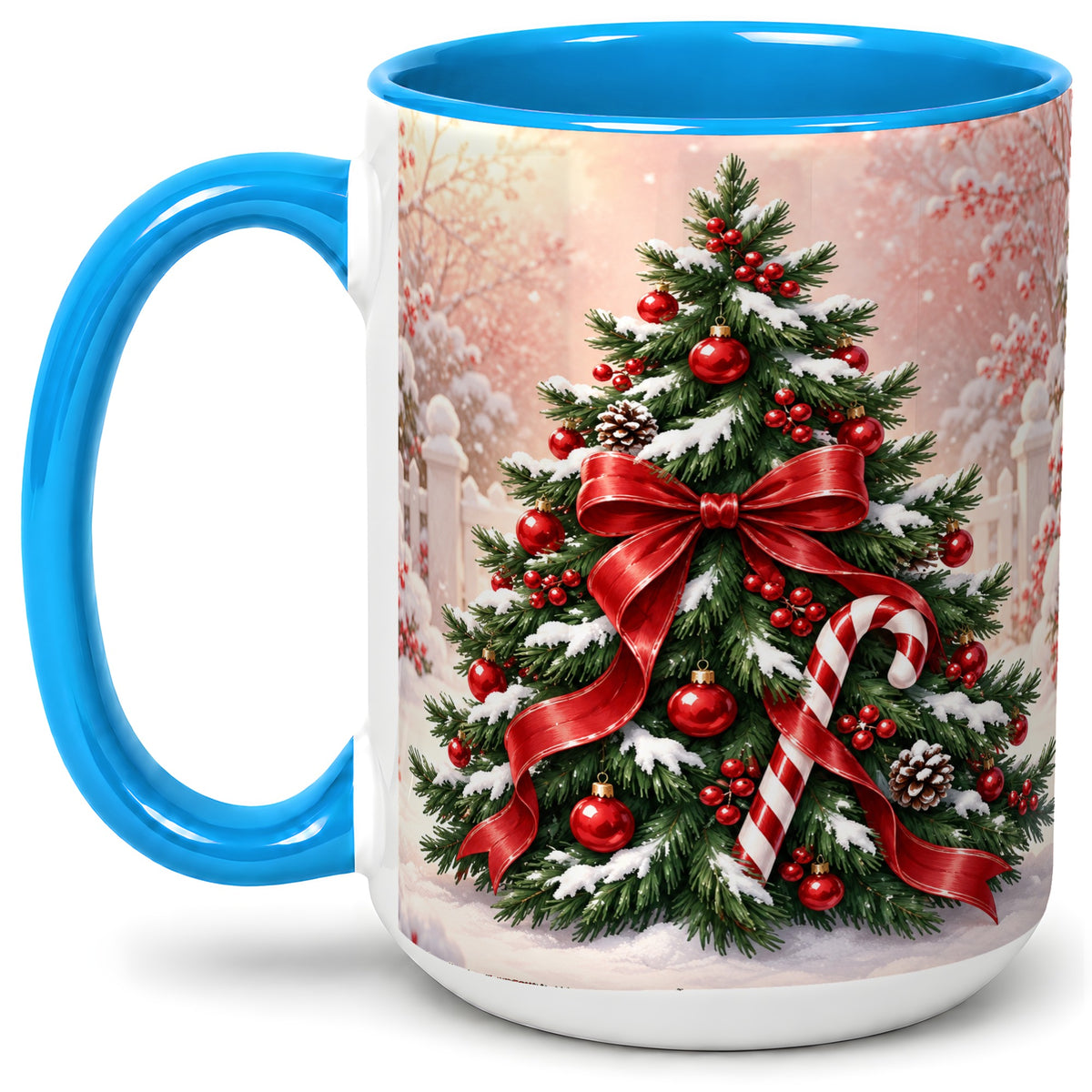 #pl[15oz|Blue] Christmas Tree Accent Ceramic Mug, Red Bow and Candy Cane