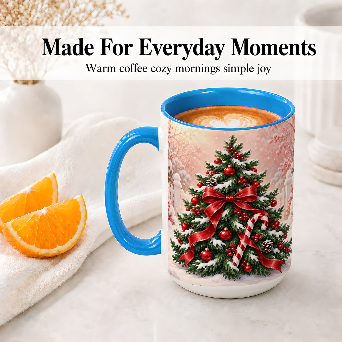 #pl[15oz|Blue] Christmas Tree Accent Ceramic Mug, Red Bow and Candy Cane