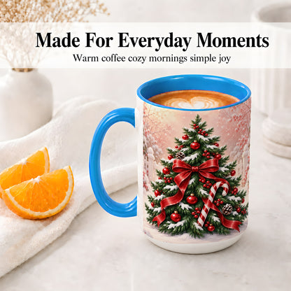 #pl[15oz|Blue] Christmas Tree Accent Ceramic Mug, Red Bow and Candy Cane