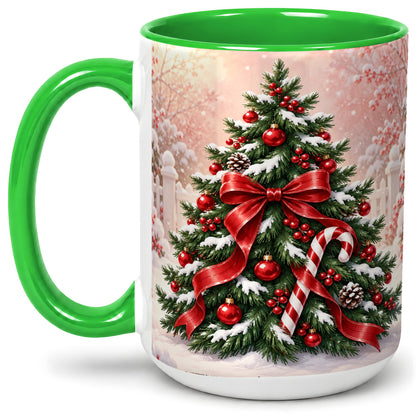 #pl[15oz|Green] Christmas Tree Accent Ceramic Mug, Red Bow and Candy Cane