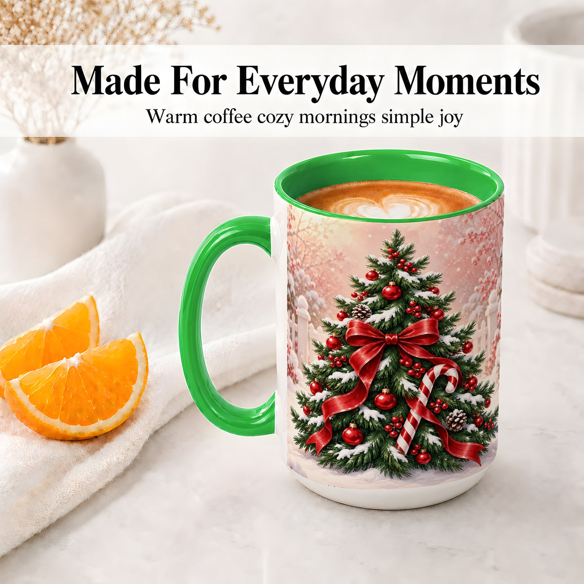 #pl[15oz|Green] Christmas Tree Accent Ceramic Mug, Red Bow and Candy Cane