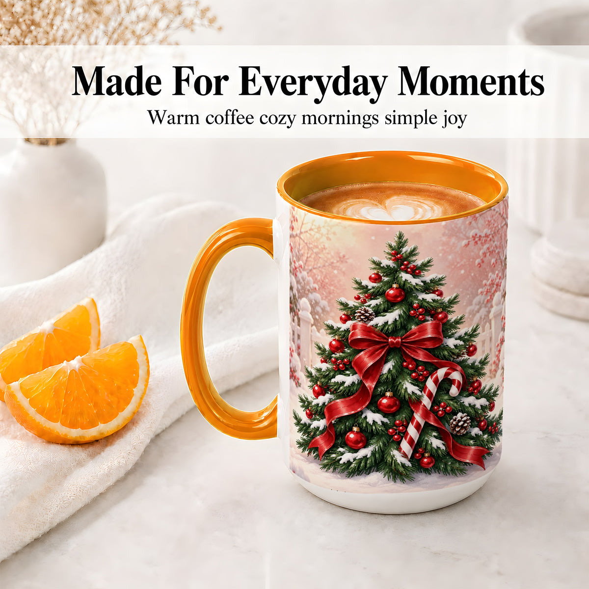 #pl[15oz|Orange] Christmas Tree Accent Ceramic Mug, Red Bow and Candy Cane