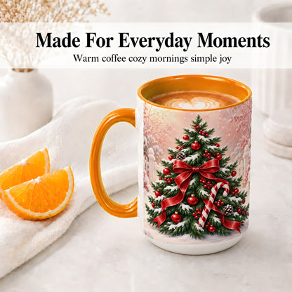 #pl[15oz|Orange] Christmas Tree Accent Ceramic Mug, Red Bow and Candy Cane