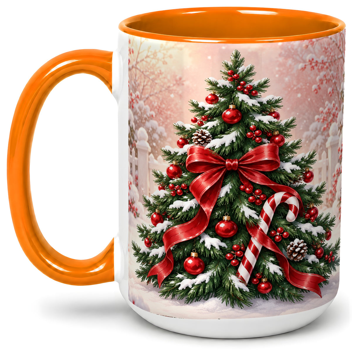 #pl[15oz|Orange] Christmas Tree Accent Ceramic Mug, Red Bow and Candy Cane