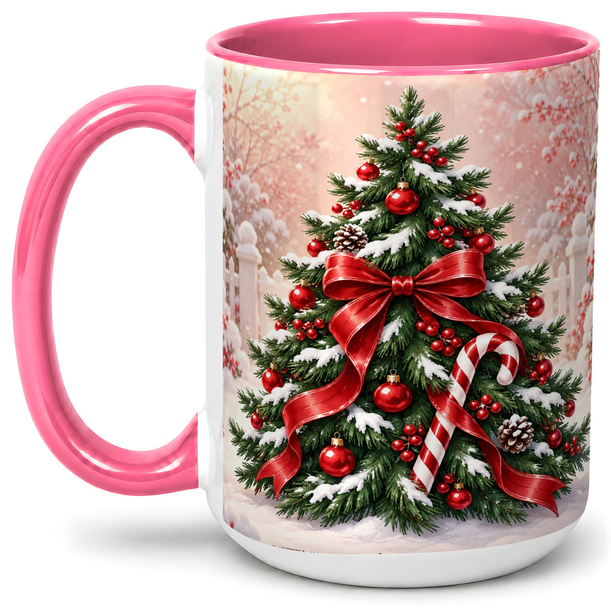 #pl[15oz|Pink] Christmas Tree Accent Ceramic Mug, Red Bow and Candy Cane