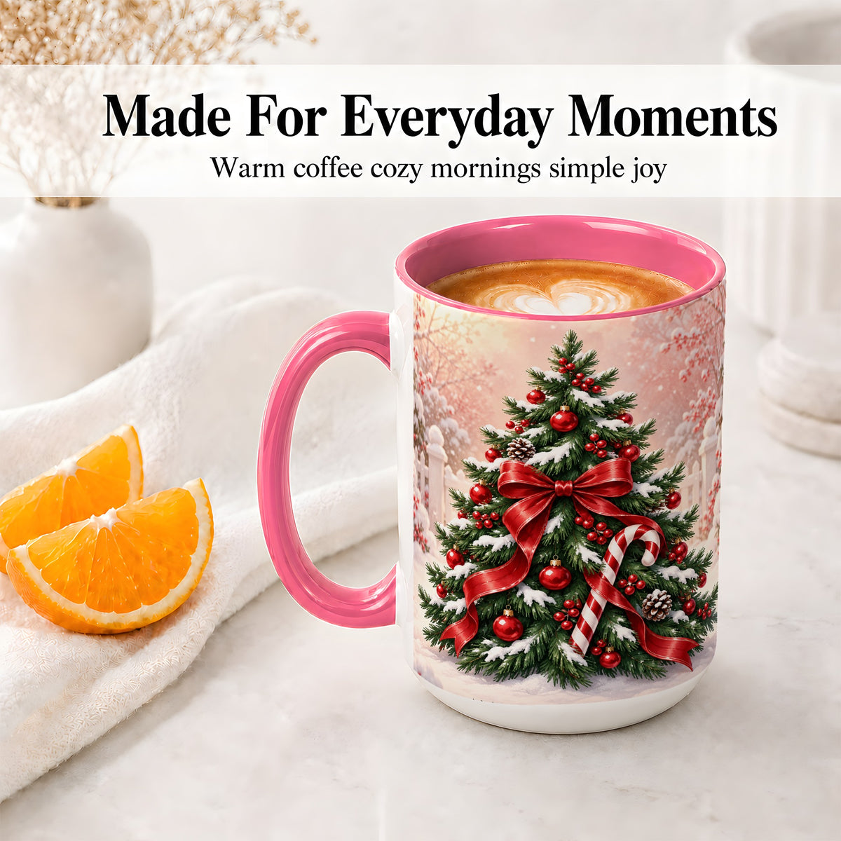 #pl[15oz|Pink] Christmas Tree Accent Ceramic Mug, Red Bow and Candy Cane