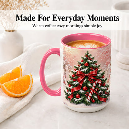 #pl[15oz|Pink] Christmas Tree Accent Ceramic Mug, Red Bow and Candy Cane
