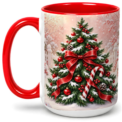 #pl[15oz|Red] Christmas Tree Accent Ceramic Mug, Red Bow and Candy Cane