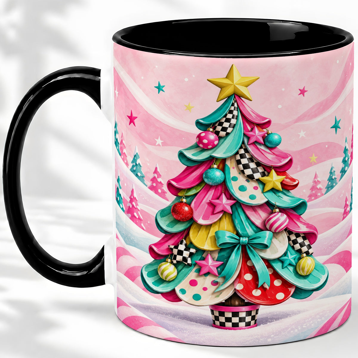 #pl[11oz|Black] Colorful Christmas Tree Accent Ceramic Mug, Whimsical Style
