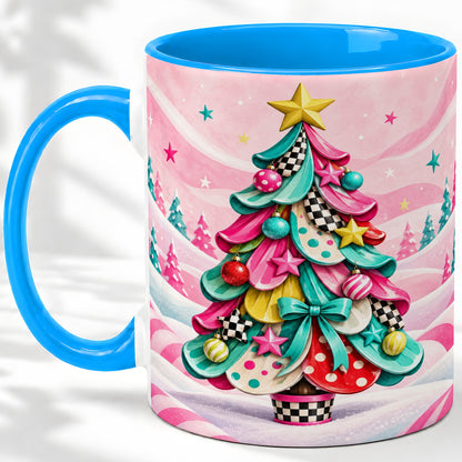 #pl[11oz|Blue] Colorful Christmas Tree Accent Ceramic Mug, Whimsical Style