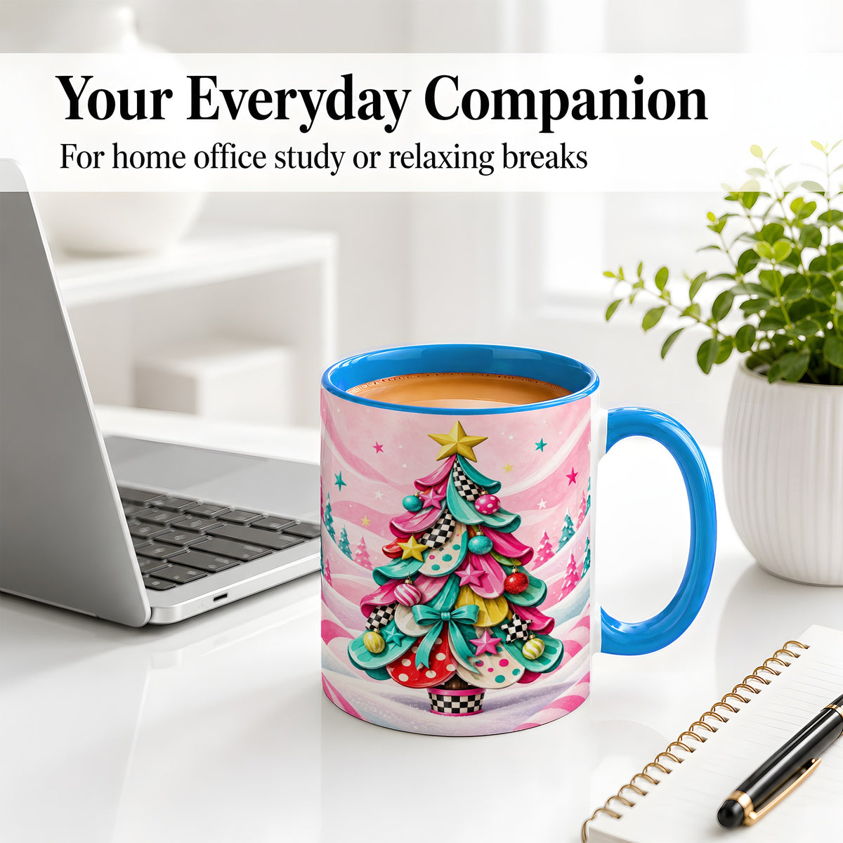#pl[11oz|Blue] Colorful Christmas Tree Accent Ceramic Mug, Whimsical Style
