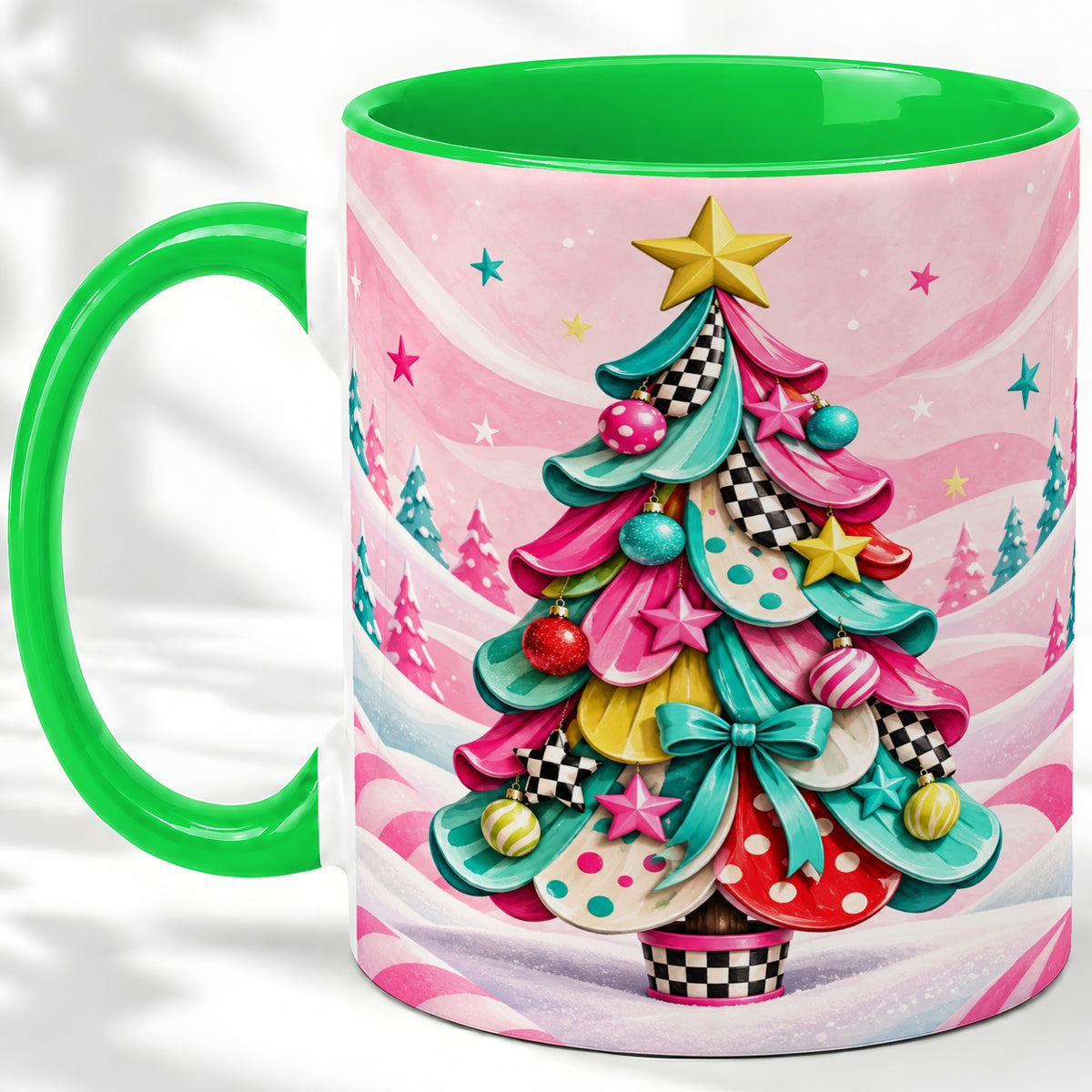 #pl[11oz|Green] Colorful Christmas Tree Accent Ceramic Mug, Whimsical Style