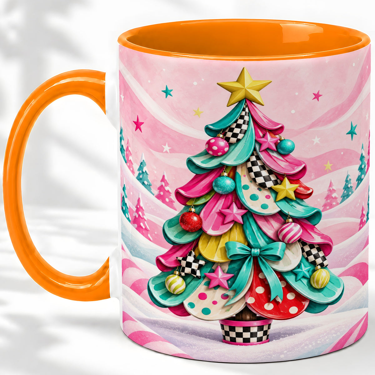 #pl[11oz|Orange] Colorful Christmas Tree Accent Ceramic Mug, Whimsical Style