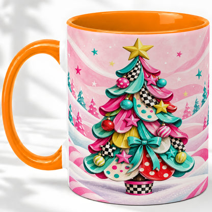 #pl[11oz|Orange] Colorful Christmas Tree Accent Ceramic Mug, Whimsical Style