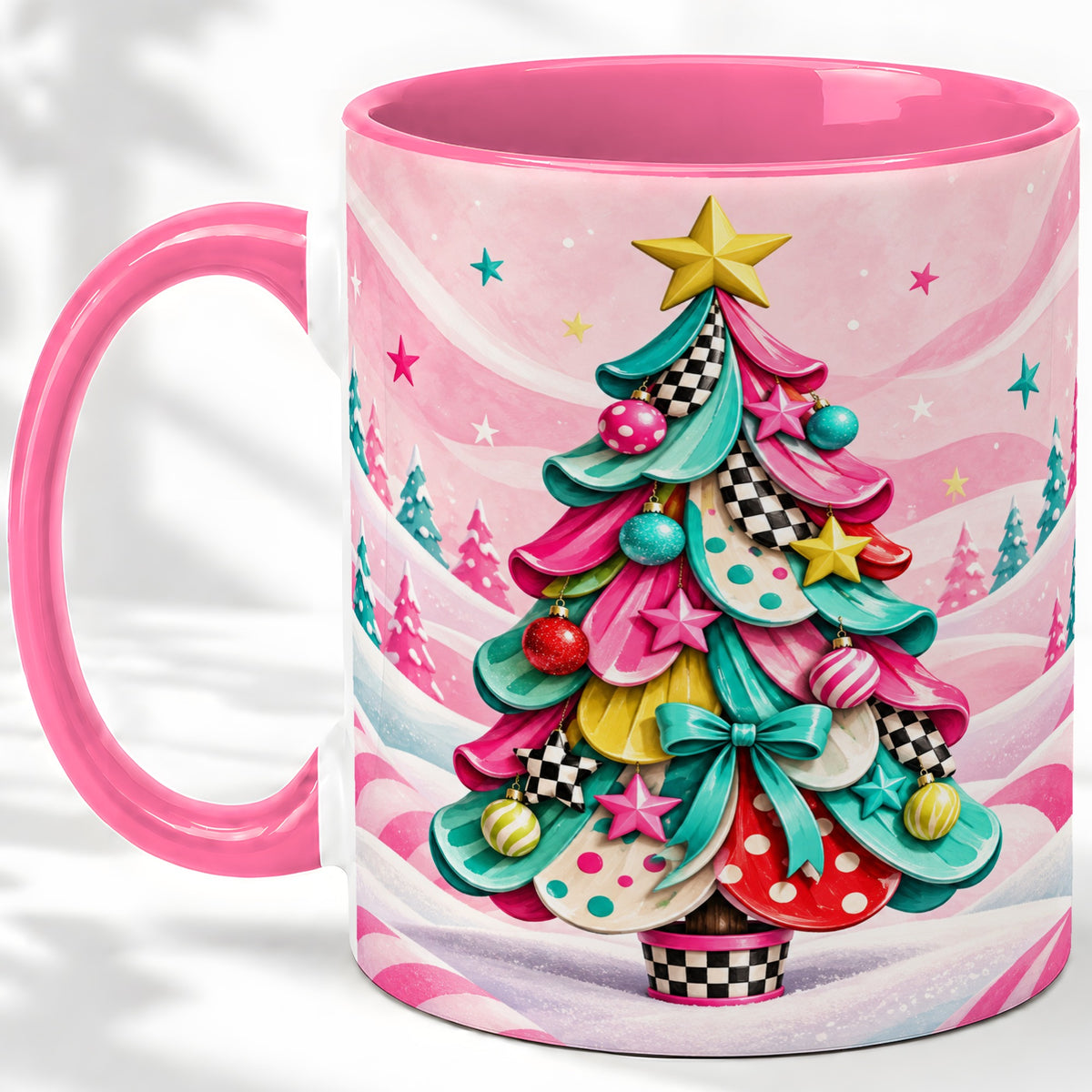 #pl[11oz|Pink] Colorful Christmas Tree Accent Ceramic Mug, Whimsical Style