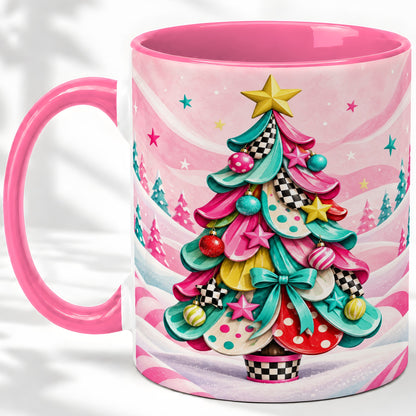 #pl[11oz|Pink] Colorful Christmas Tree Accent Ceramic Mug, Whimsical Style