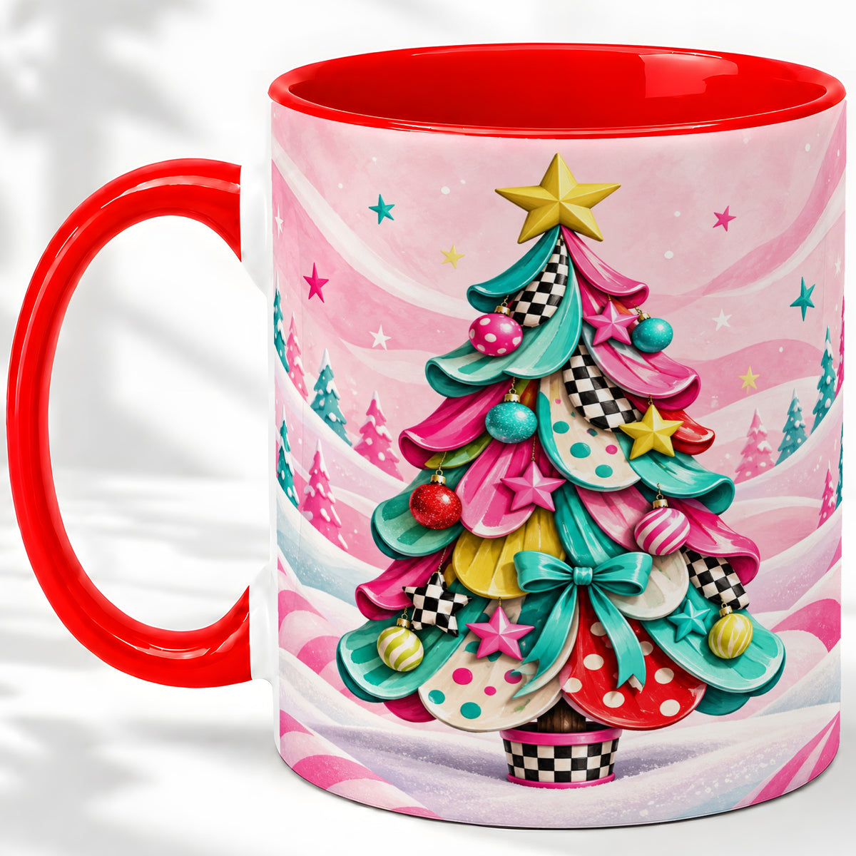 Colorful Christmas Tree Accent Ceramic Mug, Whimsical Style