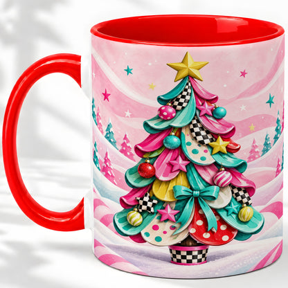 Colorful Christmas Tree Accent Ceramic Mug, Whimsical Style