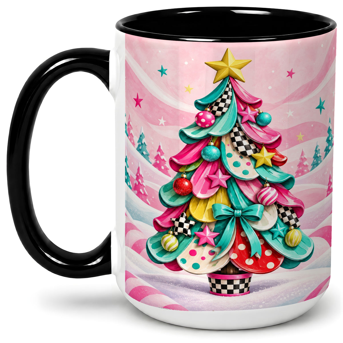 #pl[15oz|Black] Colorful Christmas Tree Accent Ceramic Mug, Whimsical Style
