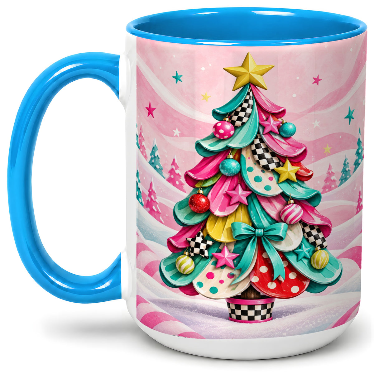 #pl[15oz|Blue] Colorful Christmas Tree Accent Ceramic Mug, Whimsical Style