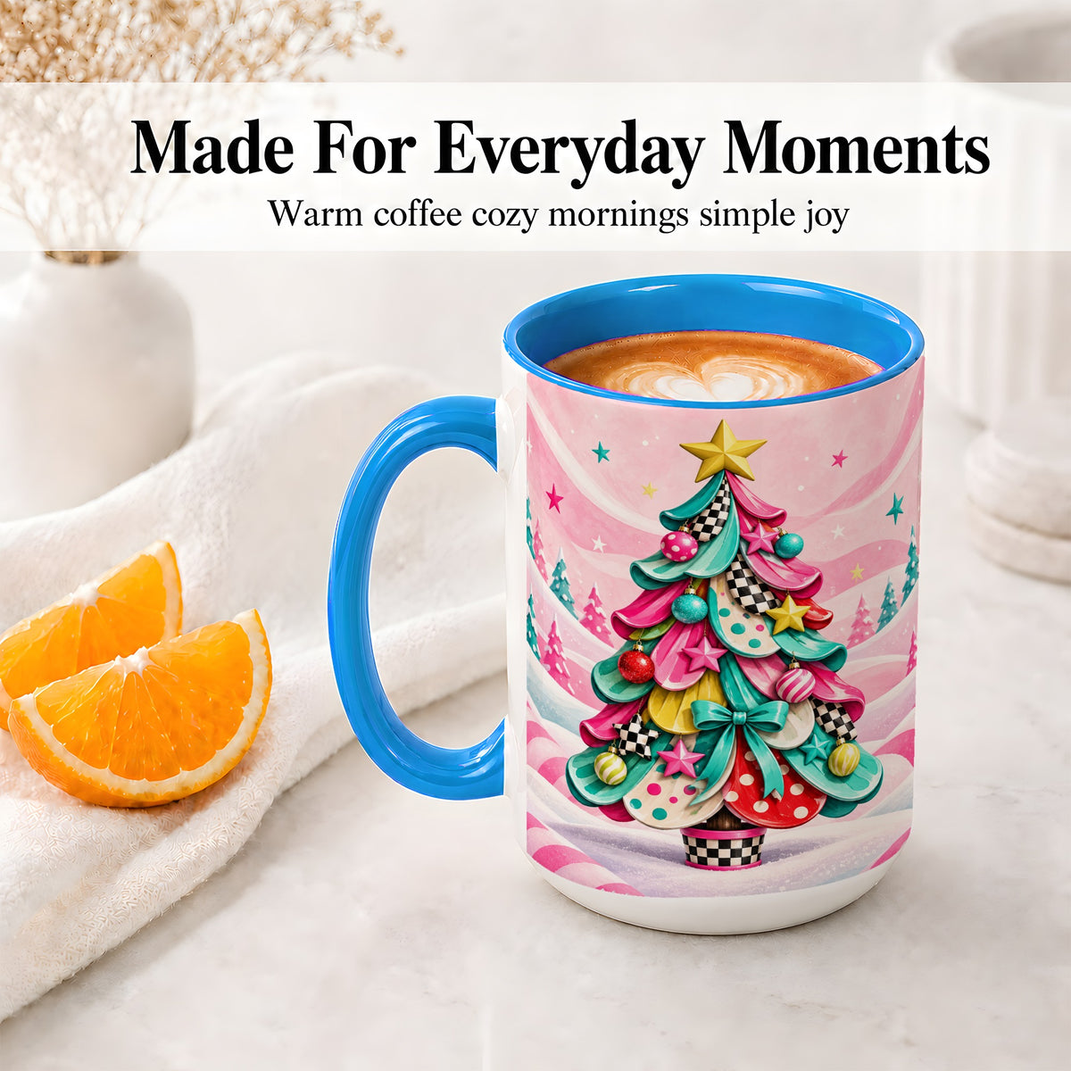 #pl[15oz|Blue] Colorful Christmas Tree Accent Ceramic Mug, Whimsical Style