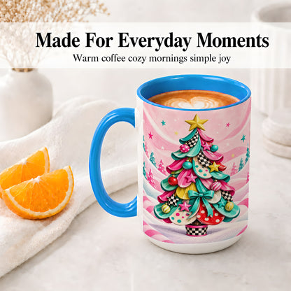 #pl[15oz|Blue] Colorful Christmas Tree Accent Ceramic Mug, Whimsical Style