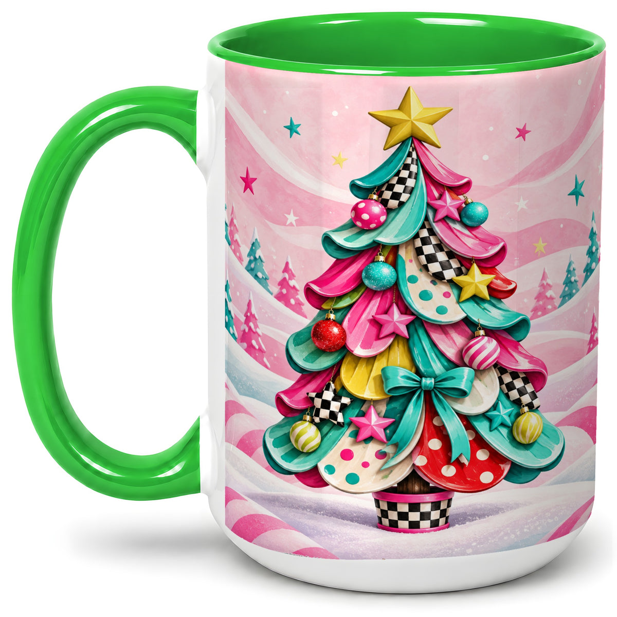 #pl[15oz|Green] Colorful Christmas Tree Accent Ceramic Mug, Whimsical Style