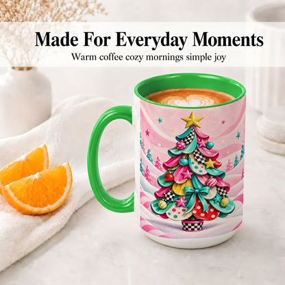 #pl[15oz|Green] Colorful Christmas Tree Accent Ceramic Mug, Whimsical Style