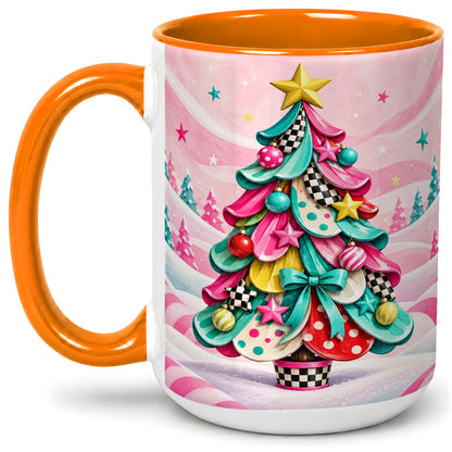 #pl[15oz|Orange] Colorful Christmas Tree Accent Ceramic Mug, Whimsical Style