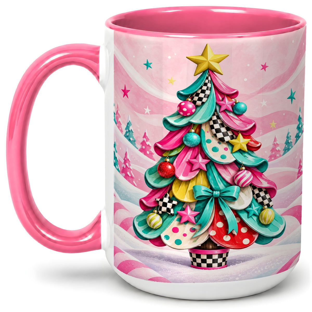 #pl[15oz|Pink] Colorful Christmas Tree Accent Ceramic Mug, Whimsical Style