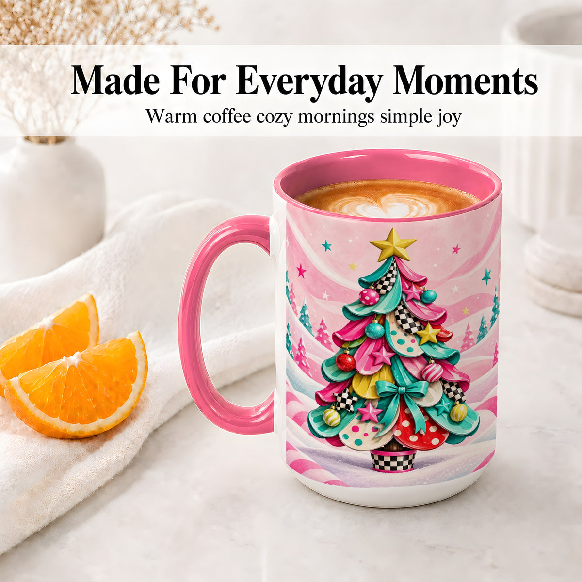 #pl[15oz|Pink] Colorful Christmas Tree Accent Ceramic Mug, Whimsical Style