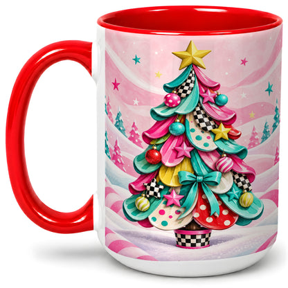#pl[15oz|Red] Colorful Christmas Tree Accent Ceramic Mug, Whimsical Style